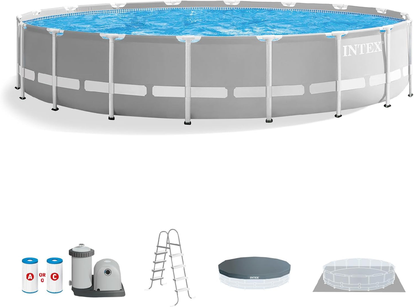 Intex 20ft x 52in Outdoor Prism Frame Above Ground Swimming Pool Set with Cartridge Filter Pump, 2 Lounger Float Chairs and Inflatable Cooler with Lid