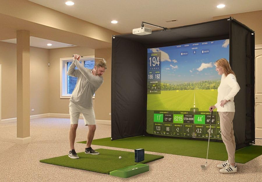 SkyTrak Golf Simulator Studio Pro Package Launch Monitor, Metal Protective Case, Enclosure, Simulator Software, Hitting Mat, Projector and Ball Tray - Improve Your Game from Home