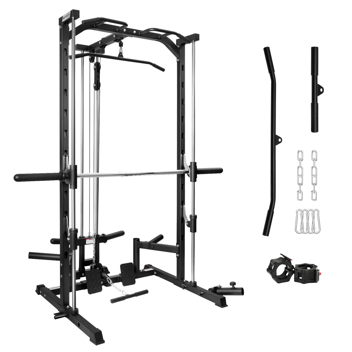 RitFit Smith Machine Power Rack with LAT-Pull Down System, Landmine, Barbell Bar, Plate Storage Pegs and More Training Attachment