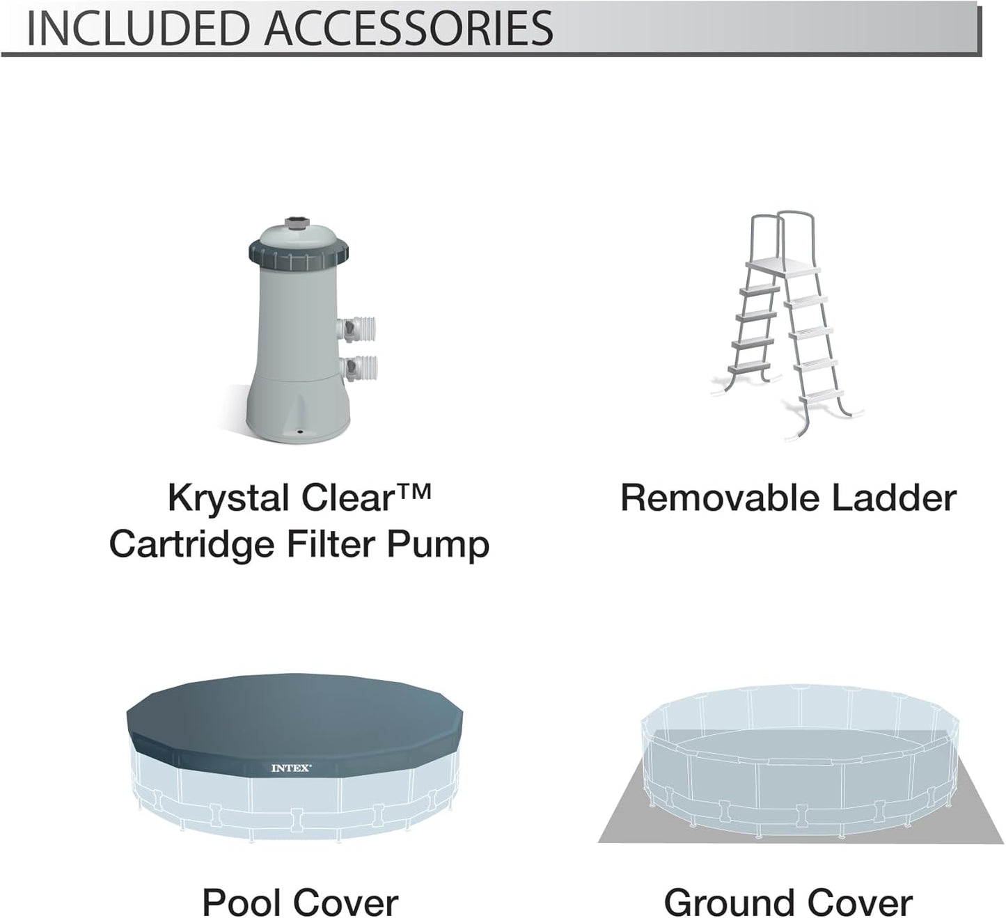 Intex Greywood Prism Frame 15' x 48" Round Above Ground Outdoor Swimming Pool Set with 1000 GPH Filter Pump, Ladder, Ground Cloth, and Pool Cover