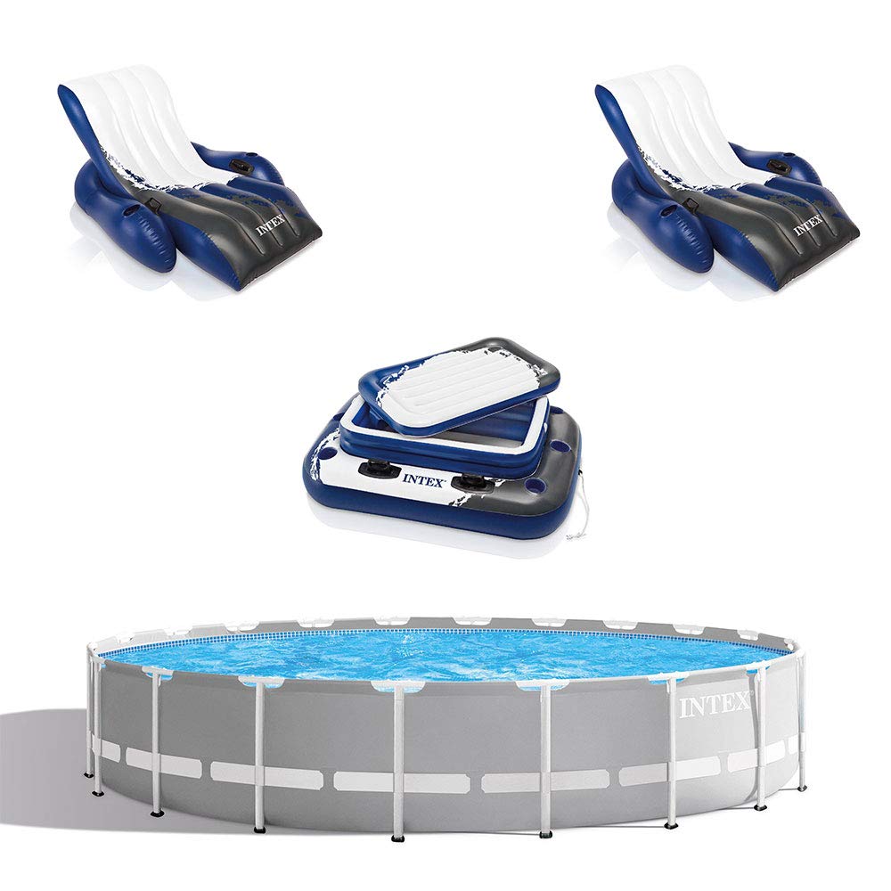 Intex 20ft x 52in Outdoor Prism Frame Above Ground Swimming Pool Set with Cartridge Filter Pump, 2 Lounger Float Chairs and Inflatable Cooler with Lid