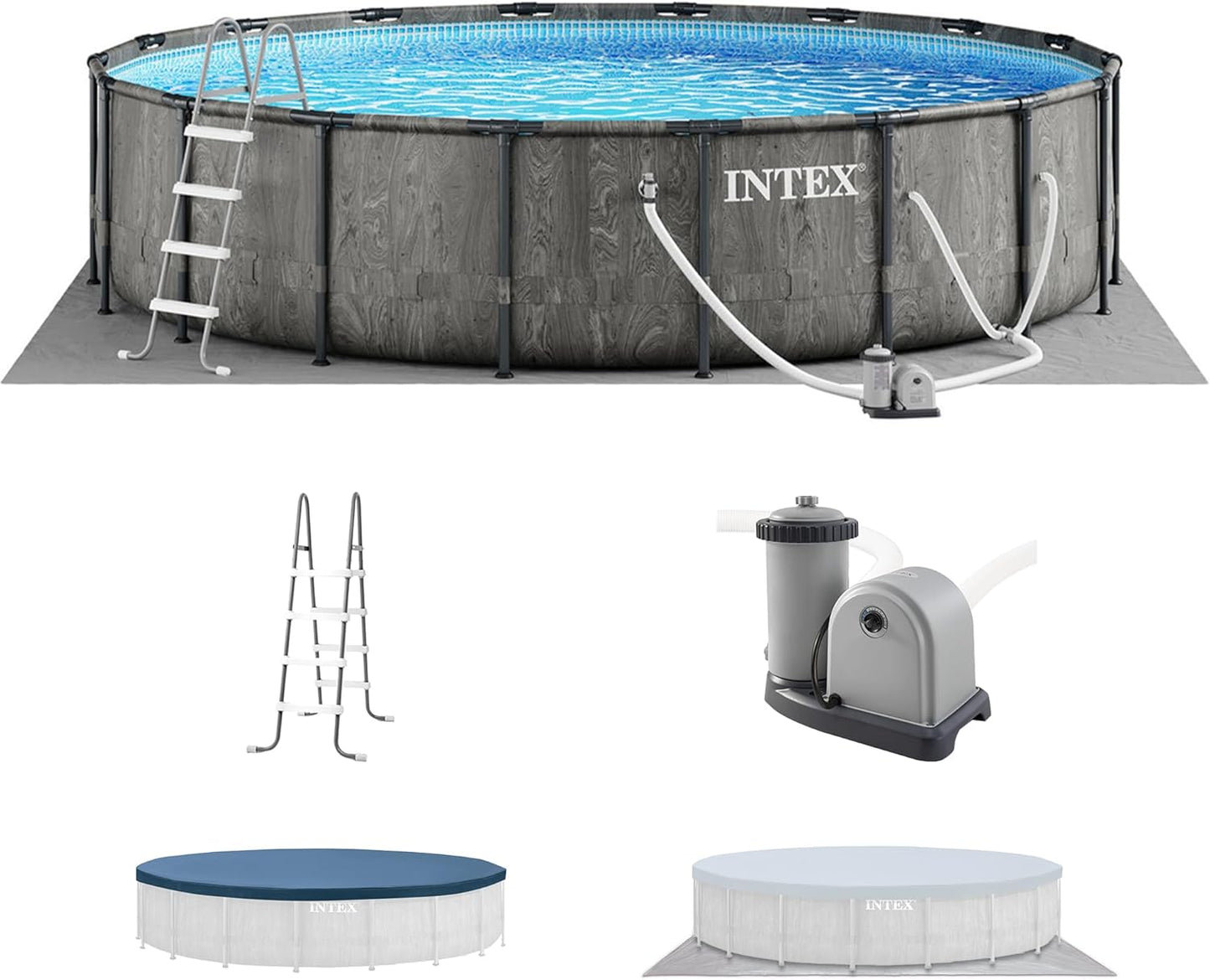Intex Prism Frame Round Above Ground Outdoor Swimming Pool Set with Filter Pump, Ladder, Ground Cloth, and Pool Cover, Greywood