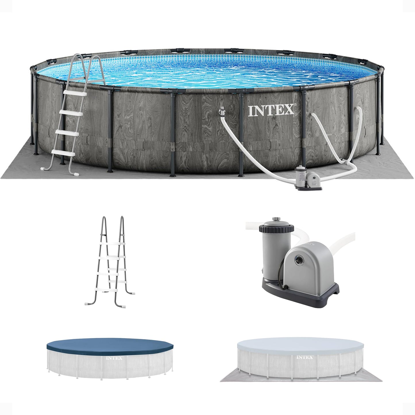 Intex Prism Frame Round Above Ground Outdoor Swimming Pool Set with Filter Pump, Ladder, Ground Cloth, and Pool Cover, Greywood