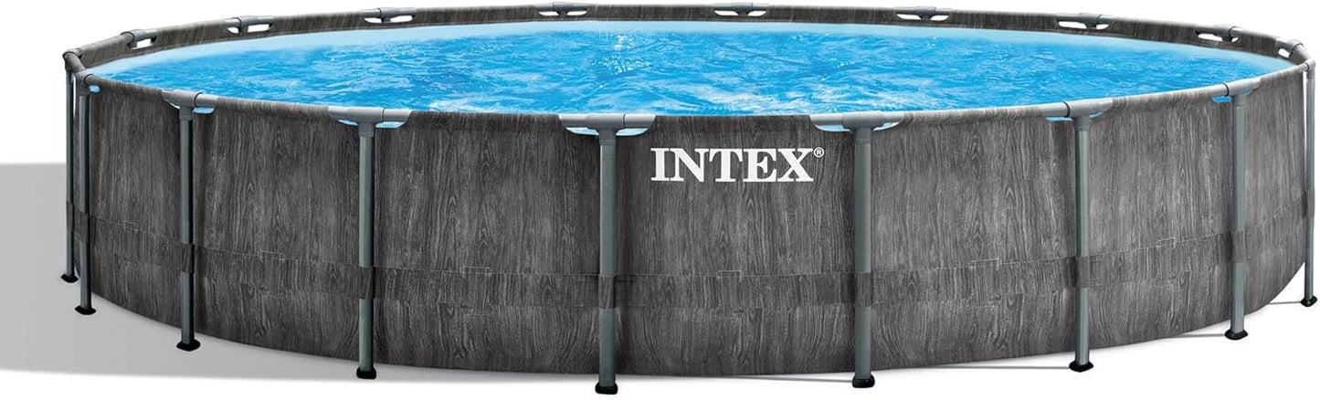 Intex Prism Frame Round Above Ground Outdoor Swimming Pool Set with Filter Pump, Ladder, Ground Cloth, and Pool Cover, Greywood
