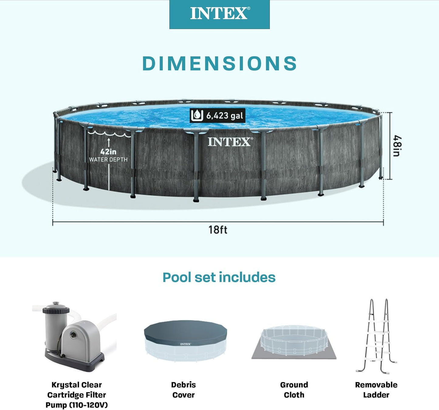 Intex Prism Frame Round Above Ground Outdoor Swimming Pool Set with Filter Pump, Ladder, Ground Cloth, and Pool Cover, Greywood