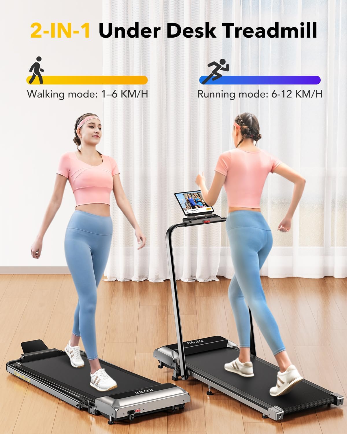 2-in-1 Treadmill, Walking Pad 12 km/hr, 7% Slope, 2.5 HP Electric Folding Treadmill, Extra Large 40 cm, Data Memory Function, App & Remote Control