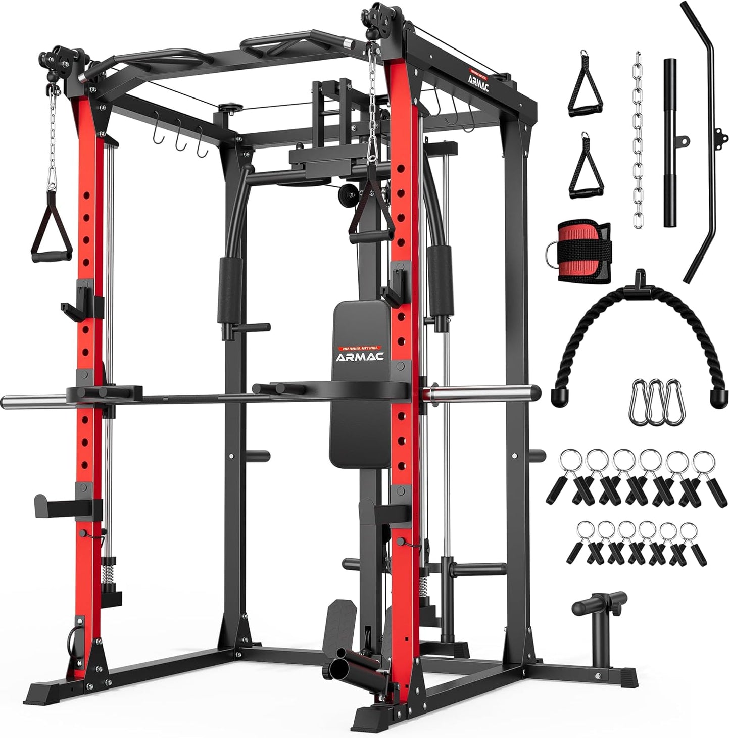 ARMAC Smit Machine, 2000LBS Dual Pulley Functional Power Cage, Squat Rack with Cable Crossover System, Home Gym Trainer, Pull-Up Bar, Spotter Arms, Home Gym Equipment