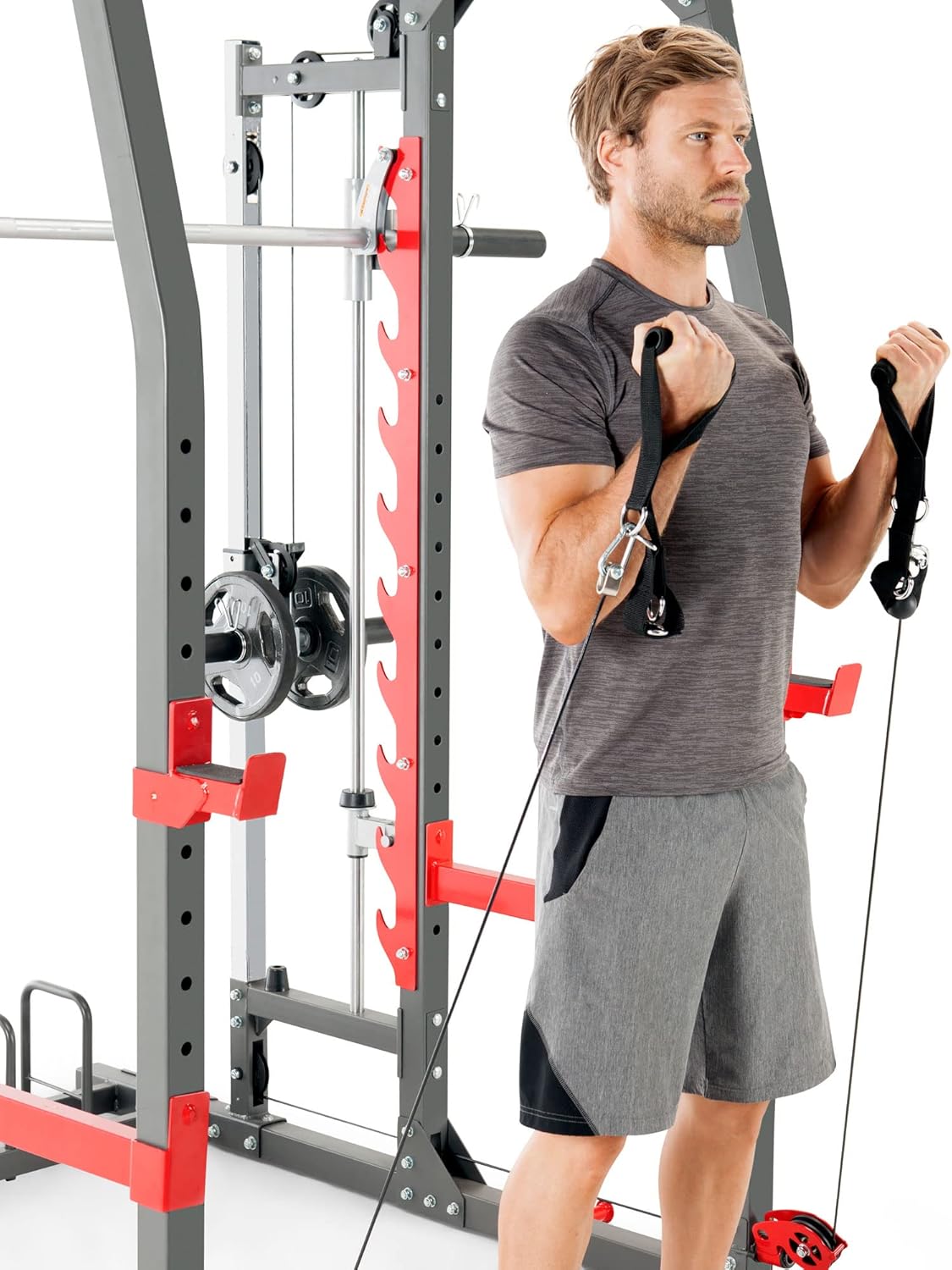 Marcy 3 in 1 Smith Machine Home Gym System with Upper and Lower Dual Cable Crossovers and Adjustable Bench for Full Body Training, Black