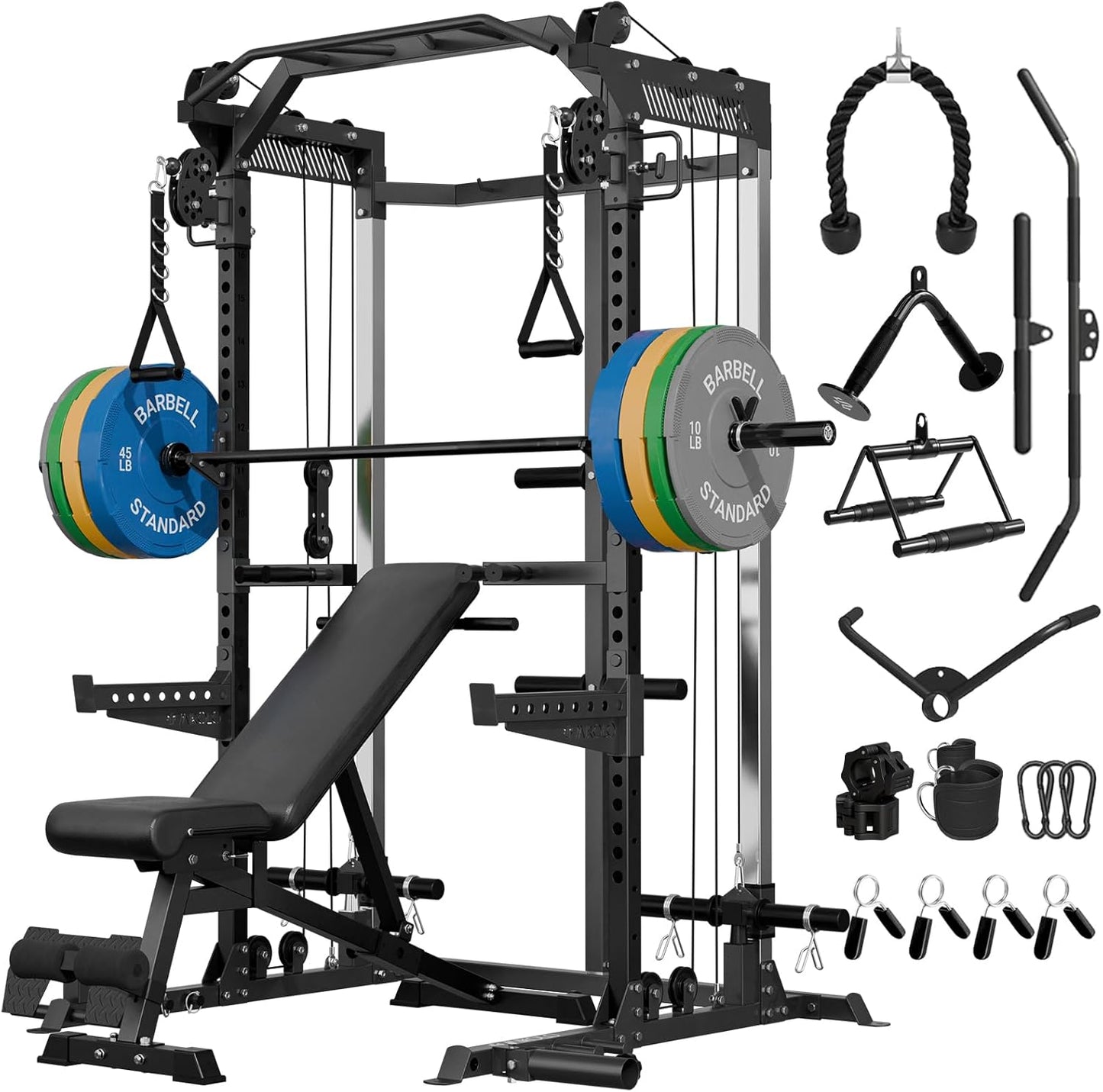 Mikolo Power Cage, 2000LB Squat Rack, Dual Pulley Cable Crossover System, Multi-function Free Weight Home Gym Workout Machine with Attachments
