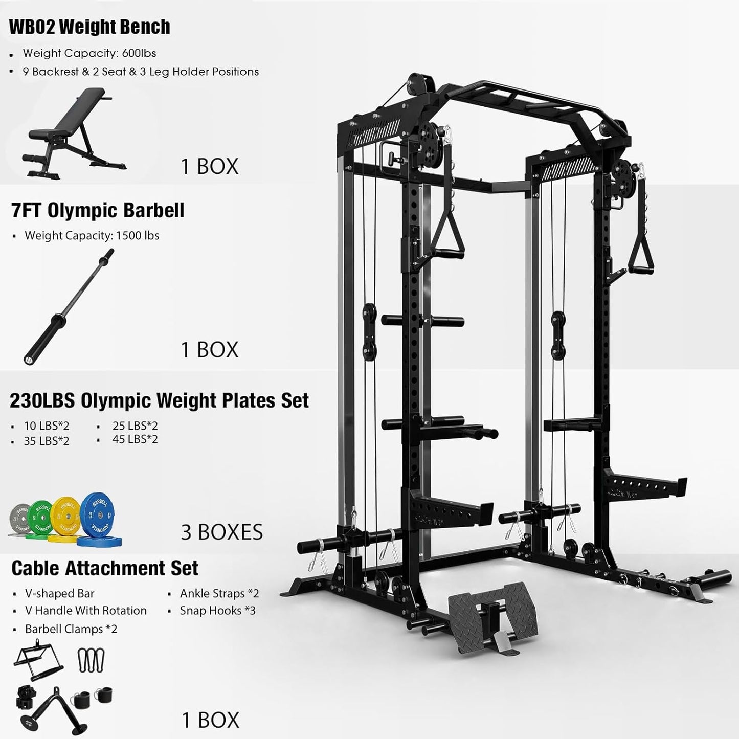 Mikolo Power Cage, 2000LB Squat Rack, Dual Pulley Cable Crossover System, Multi-function Free Weight Home Gym Workout Machine with Attachments