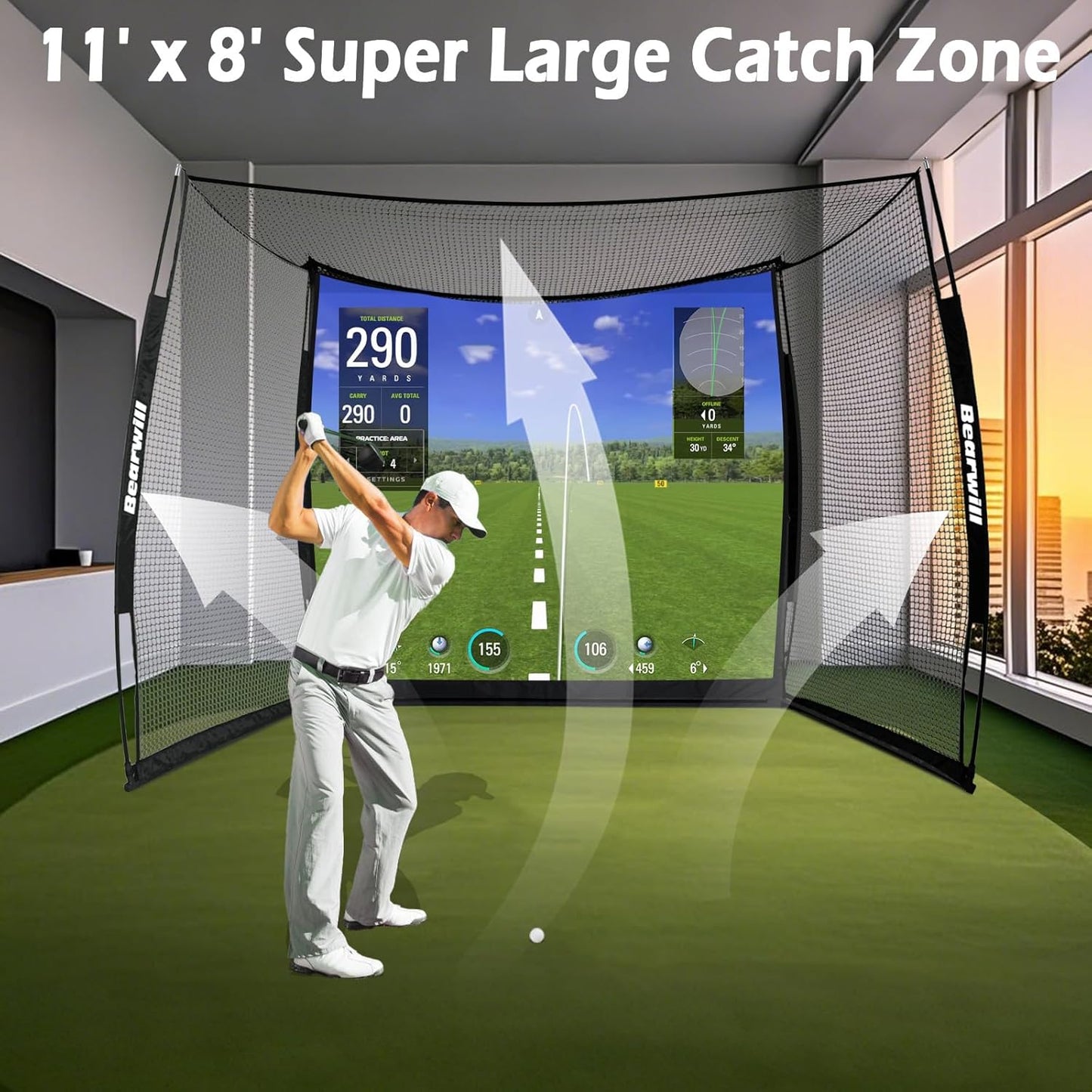 Bearwill Golf Net with Simulator Impact Screen, 11x8ft Golf Practice Net Hitting Net Range Cage, HD Blank Impact Screen and Target Cloth, Simulators Enclosure for Driving Swing, Home Garage Backyard