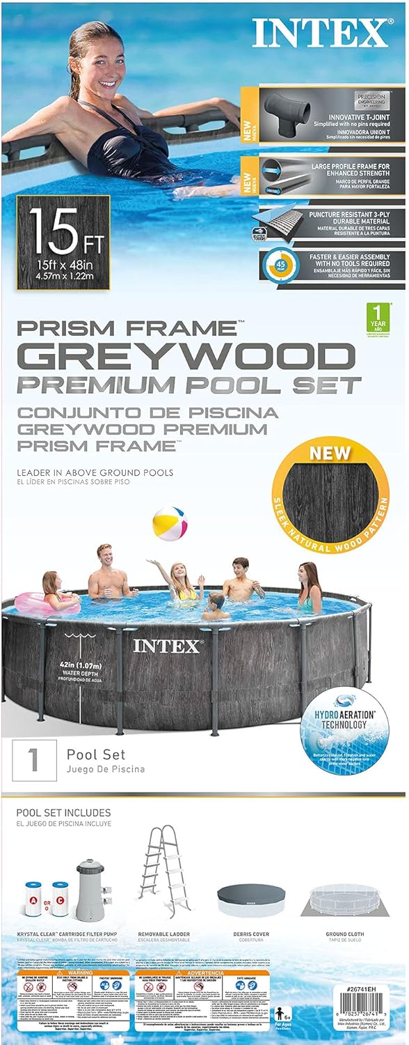 Intex Greywood Prism Frame 15' x 48" Round Above Ground Outdoor Swimming Pool Set with 1000 GPH Filter Pump, Ladder, Ground Cloth, and Pool Cover