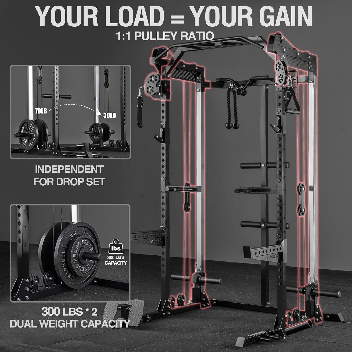 Mikolo Power Cage, 2000LB Squat Rack, Dual Pulley Cable Crossover System, Multi-function Free Weight Home Gym Workout Machine with Attachments