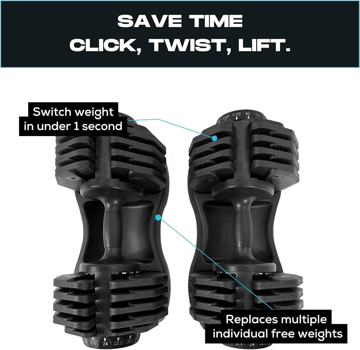 BRAINGAIN Adjustable Dumbbells Set 24kg / 40kg Pair | Space Saving Adjustable Weights for Home Gym | Multiple Dumbbells in One | Smart Click Technology