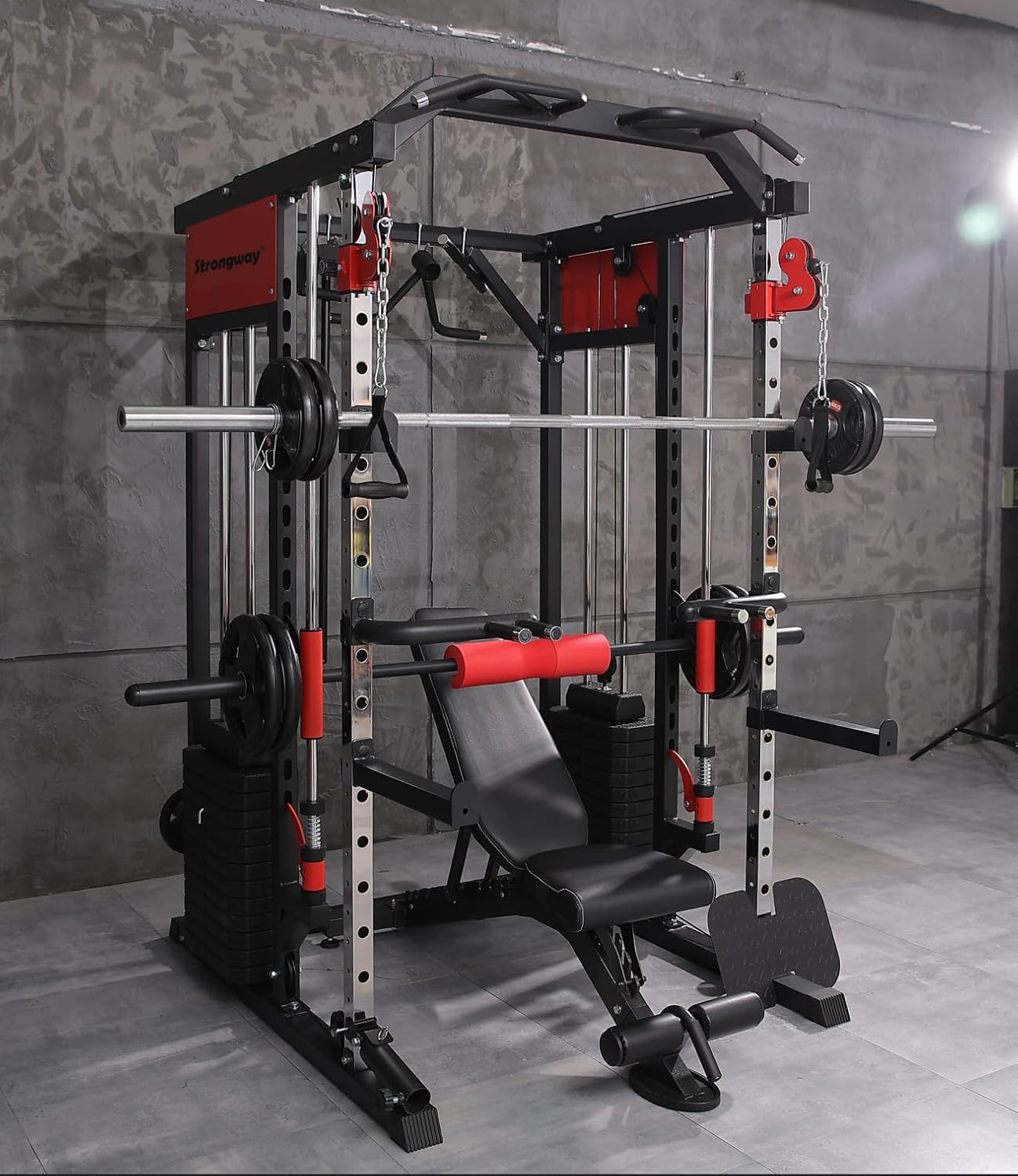 Strongway® Multi Gym Smith Machine with Weights 144KG Weight Stack Included - Multifunction Home Gym Dual Cable Pulley Dip Station Pull Up Bar Strength Training