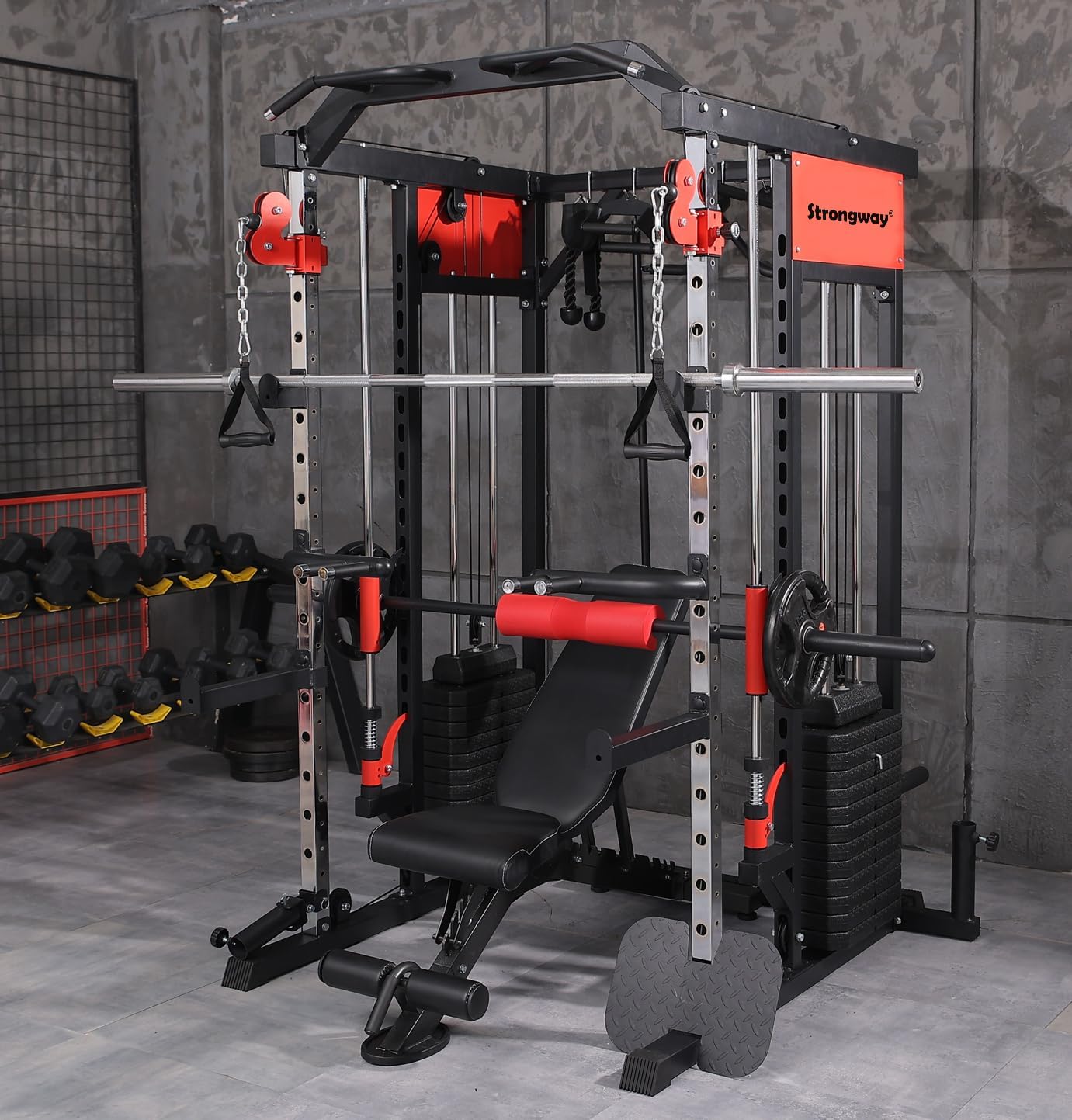 Strongway® Multi Gym Smith Machine with Weights 144KG Weight Stack Included - Multifunction Home Gym Dual Cable Pulley Dip Station Pull Up Bar Strength Training