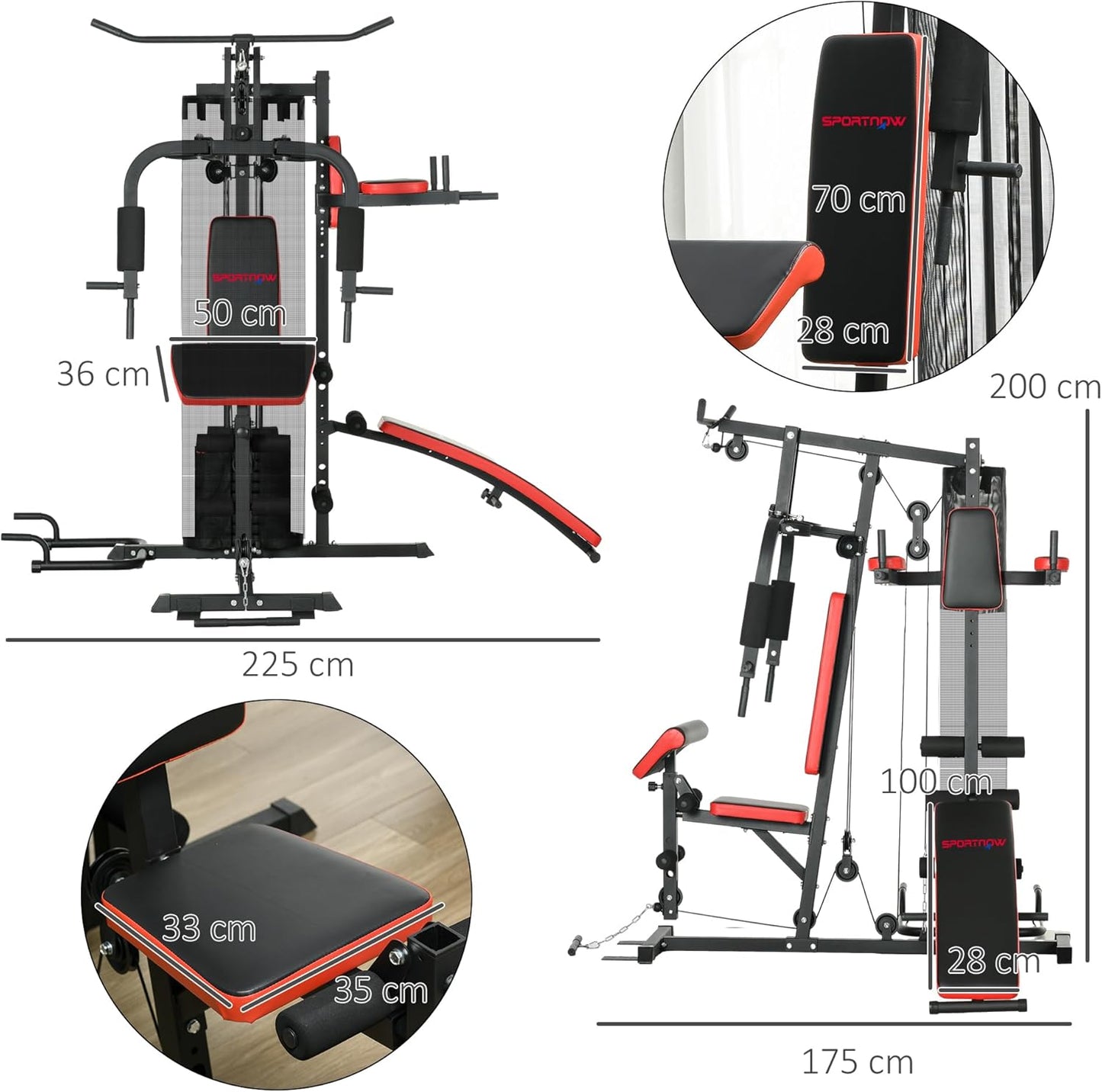 SPORTNOW Multi Gym Workout Station with 65kg Weight Stack, Sit Up Bench, Push Up Stand, Dip Station, Adjustable, Full Body Strength Training for Home Gym