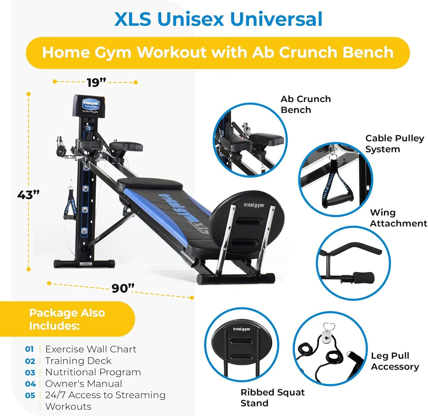 Total Gym XLS Men/Women Universal Total Body Training Home Gym Workout Machine with Squat Stand, Leg Pull, 2 Ankle Cuffs, and Exercise Chart