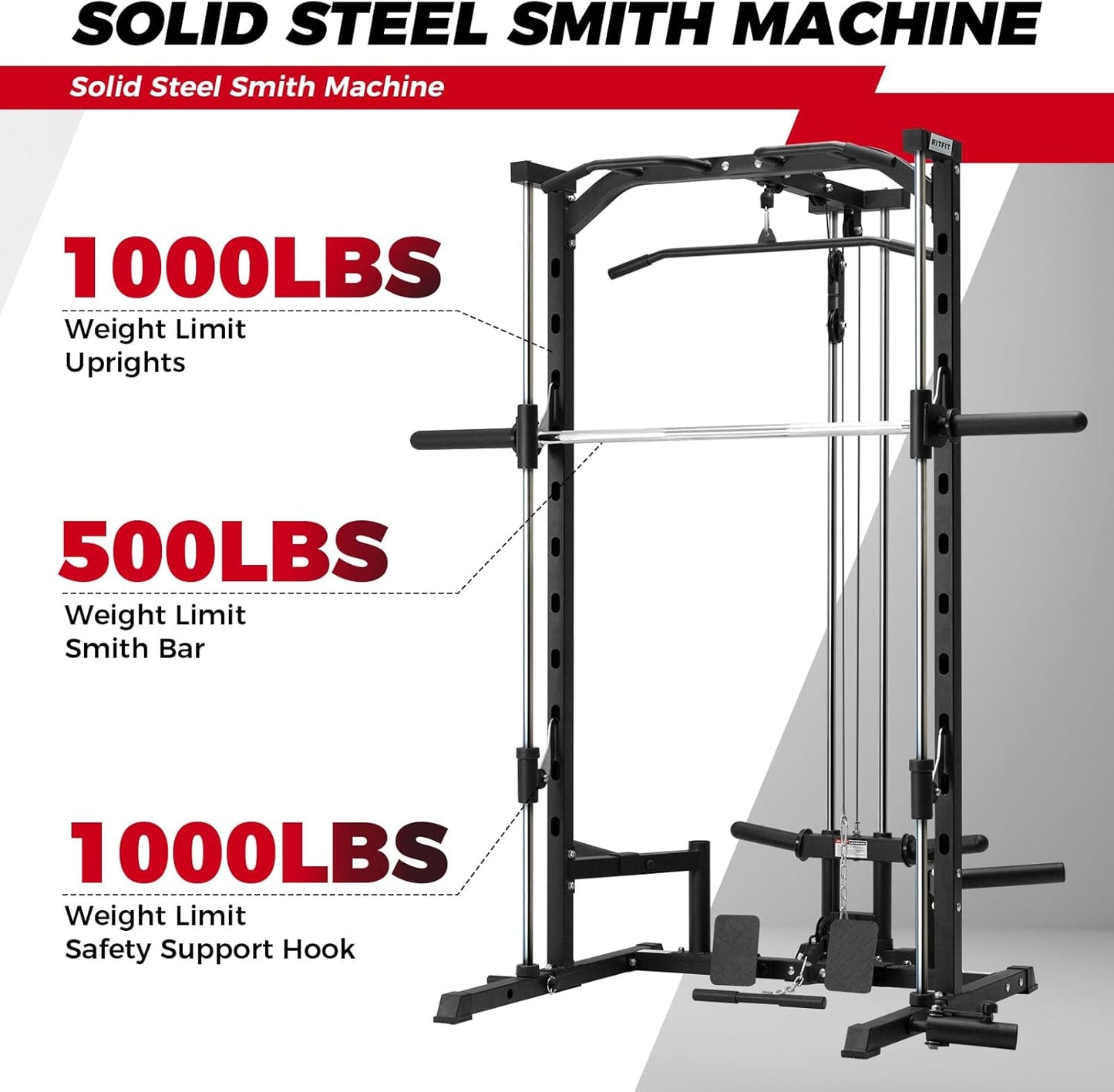 RitFit Smith Machine Power Rack with LAT-Pull Down System, Landmine, Barbell Bar, Plate Storage Pegs and More Training Attachment