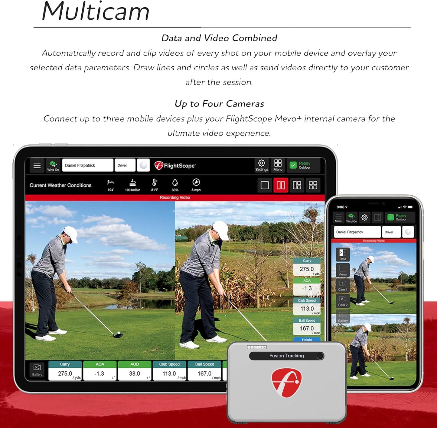 FlightScope Mevo+ GPS Launch Monitor and Golf Simulator | 20+ Swing Data Parameters with Multicam, 12 E6 Courses, 17 Practice Ranges and Games - for Indoor & Outdoor Use | Works with iOS and PC