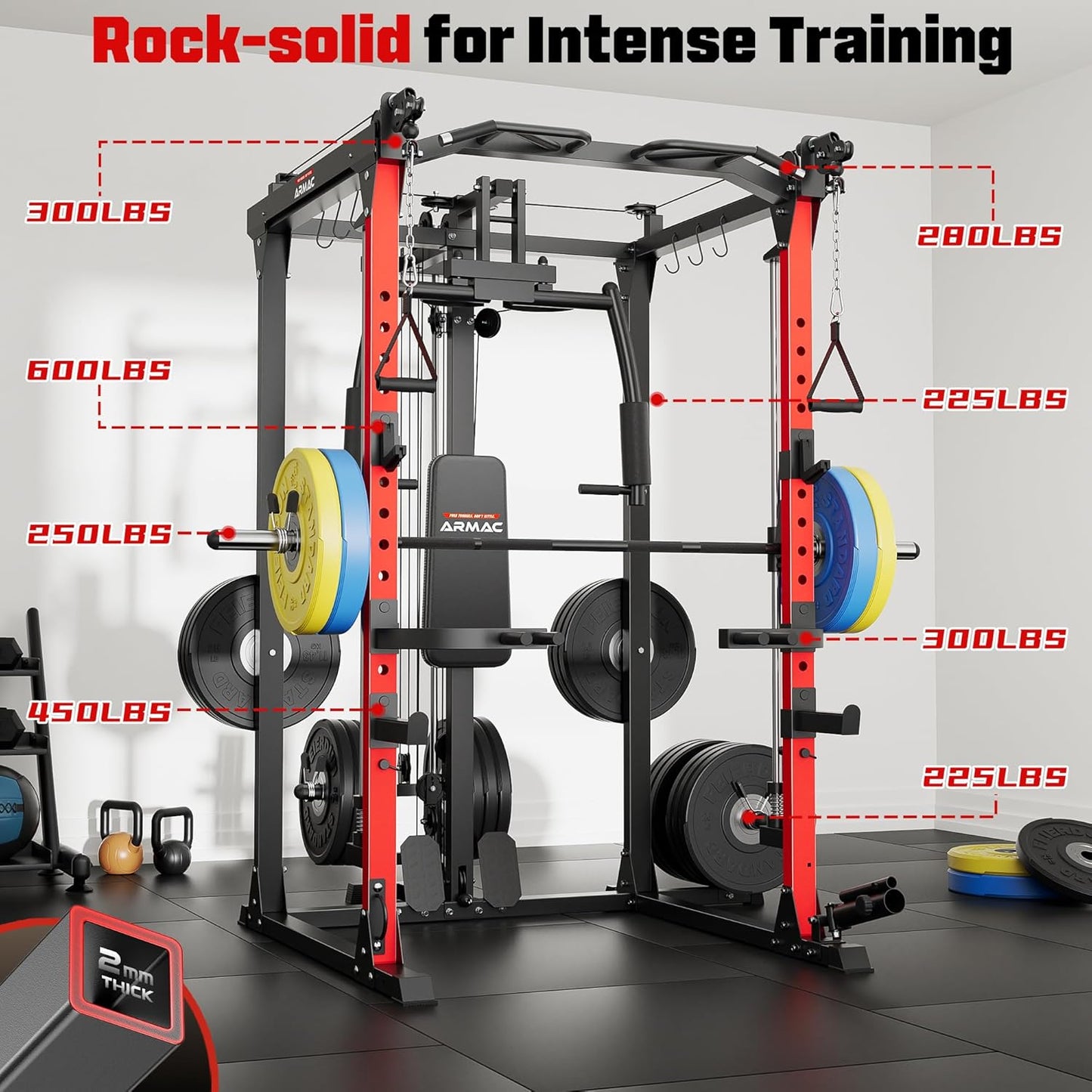 ARMAC Smit Machine, 2000LBS Dual Pulley Functional Power Cage, Squat Rack with Cable Crossover System, Home Gym Trainer, Pull-Up Bar, Spotter Arms, Home Gym Equipment