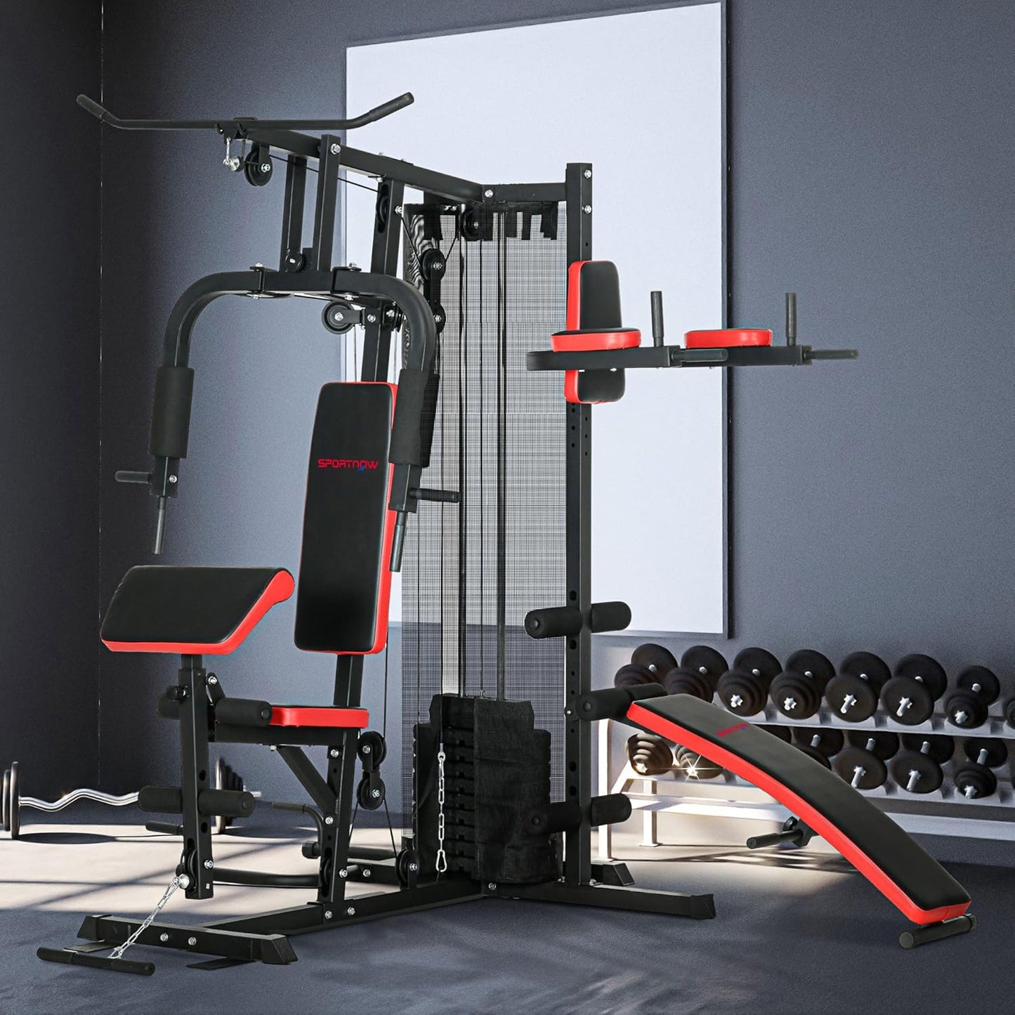 SPORTNOW Multi Gym Workout Station with 65kg Weight Stack, Sit Up Bench, Push Up Stand, Dip Station, Adjustable, Full Body Strength Training for Home Gym
