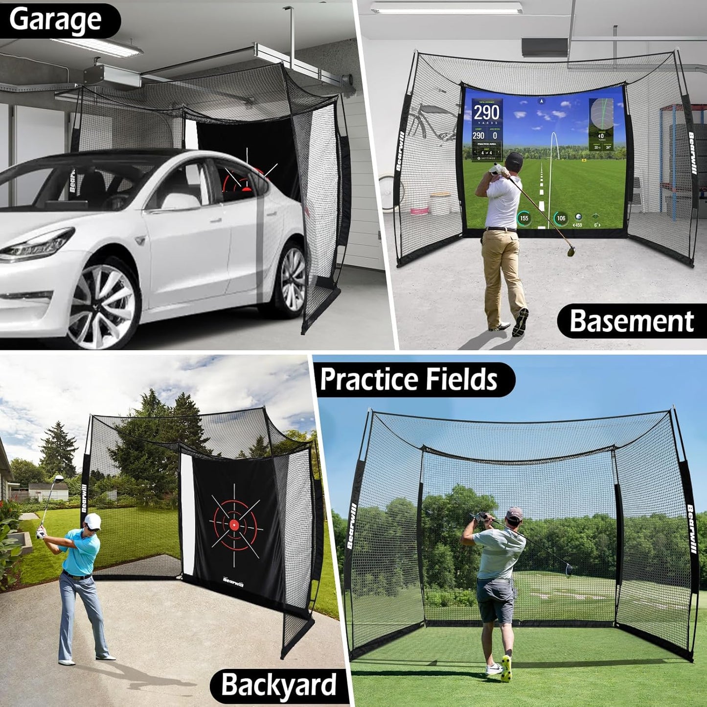 Bearwill Golf Net with Simulator Impact Screen, 11x8ft Golf Practice Net Hitting Net Range Cage, HD Blank Impact Screen and Target Cloth, Simulators Enclosure for Driving Swing, Home Garage Backyard