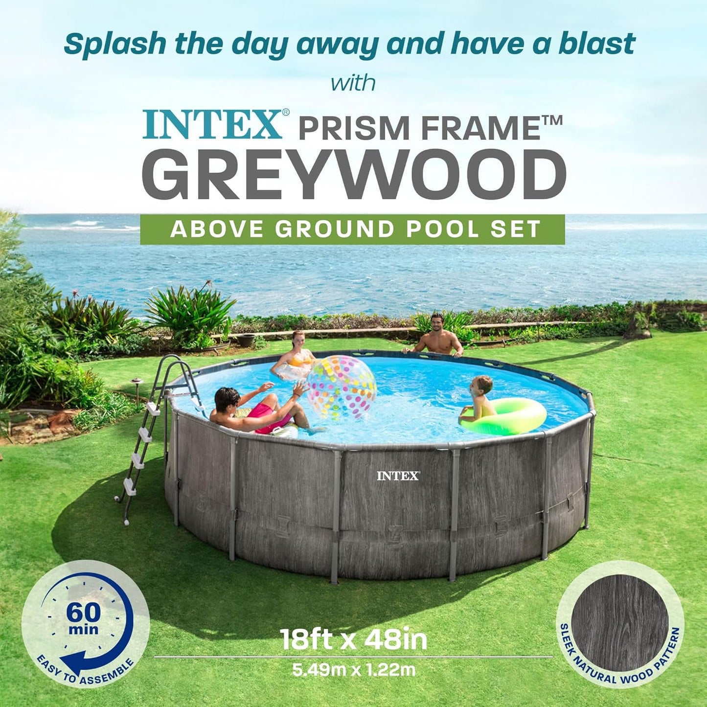 Intex Prism Frame Round Above Ground Outdoor Swimming Pool Set with Filter Pump, Ladder, Ground Cloth, and Pool Cover, Greywood