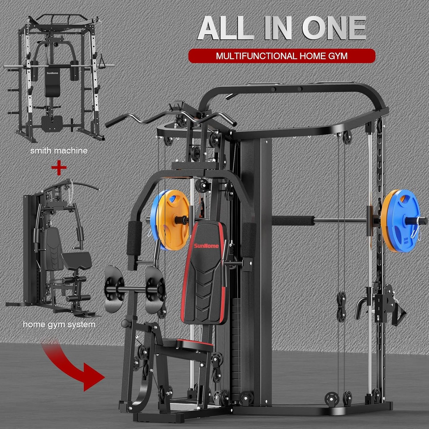 SunHome Multifunction Home Gym System Workout Station,Smith Machine with 138LB Weight Stack, Leg Press, LAT Station for Full Body Training