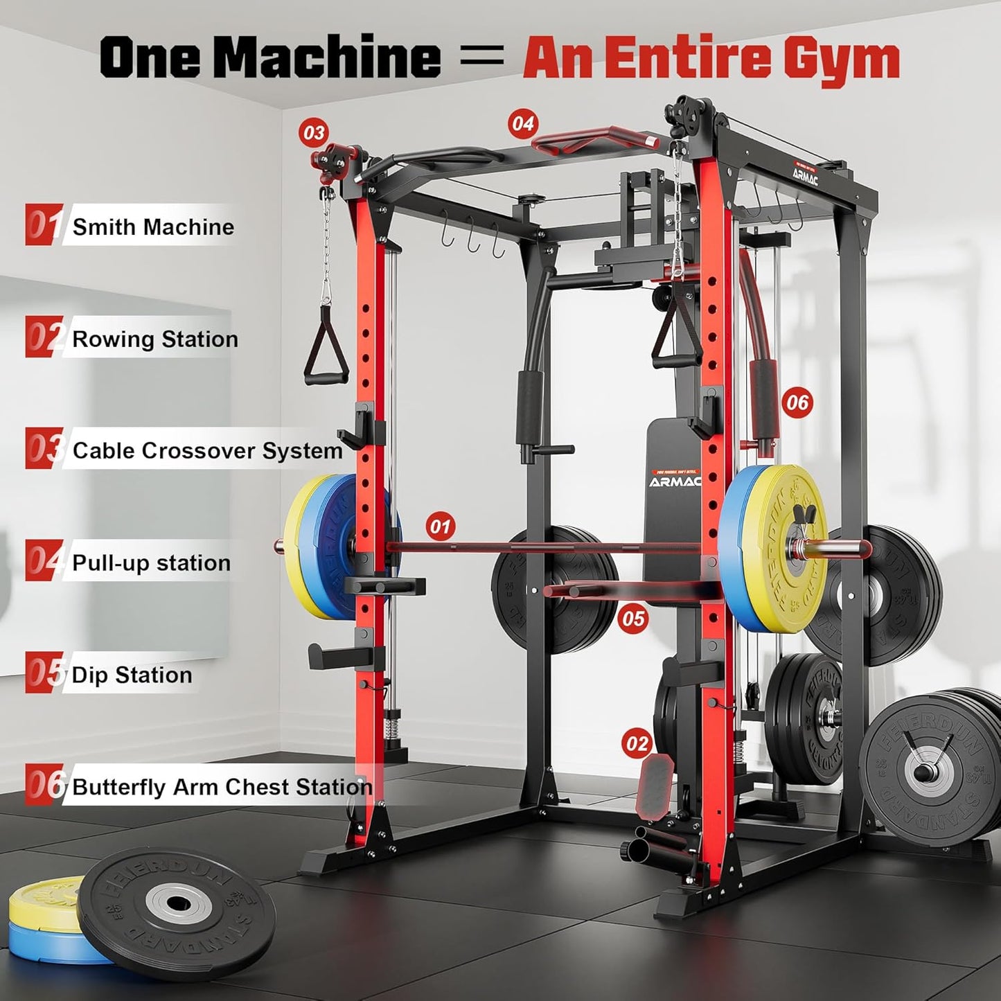 ARMAC Smit Machine, 2000LBS Dual Pulley Functional Power Cage, Squat Rack with Cable Crossover System, Home Gym Trainer, Pull-Up Bar, Spotter Arms, Home Gym Equipment