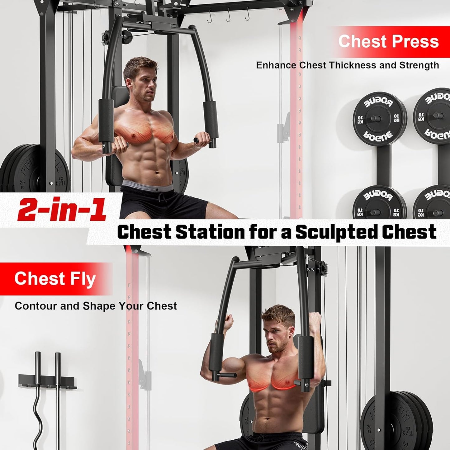 ARMAC Smit Machine, 2000LBS Dual Pulley Functional Power Cage, Squat Rack with Cable Crossover System, Home Gym Trainer, Pull-Up Bar, Spotter Arms, Home Gym Equipment