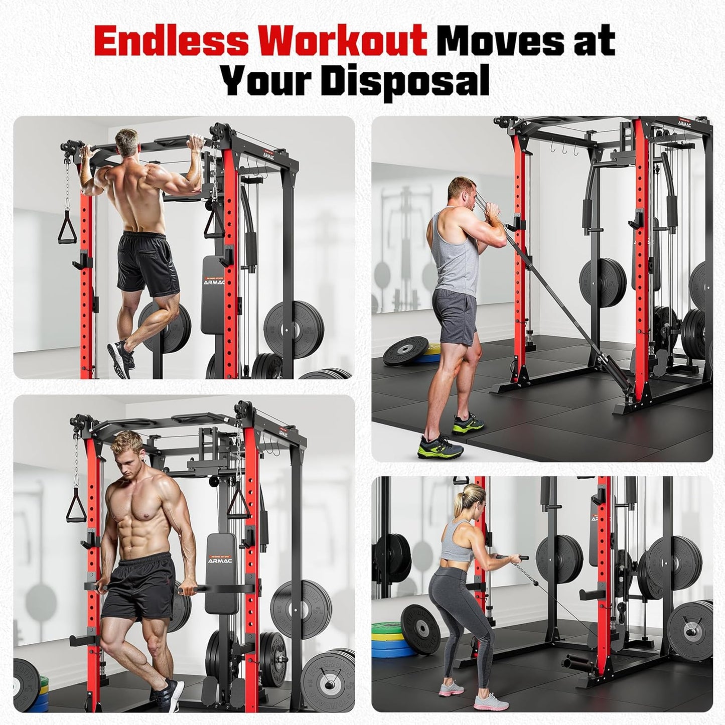 ARMAC Smit Machine, 2000LBS Dual Pulley Functional Power Cage, Squat Rack with Cable Crossover System, Home Gym Trainer, Pull-Up Bar, Spotter Arms, Home Gym Equipment