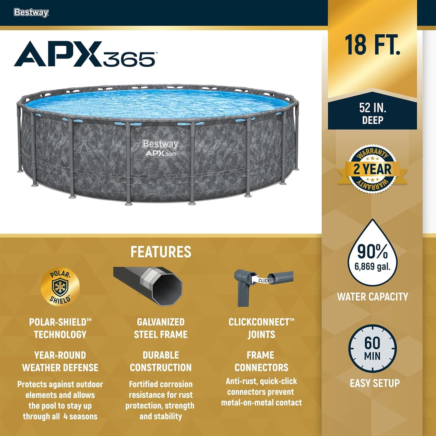 Bestway APX 365 18' x 52" Round Above Ground Swimming Pool Outdoor Backyard Framed Pool Set with Sand Filter Pump, Ladder, and Cover, Dark Marble