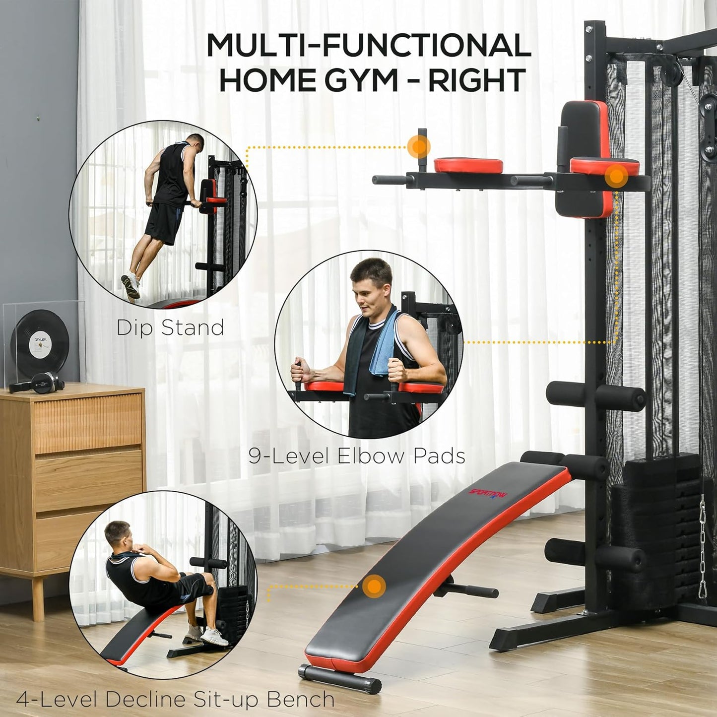 SPORTNOW Multi Gym Workout Station with 65kg Weight Stack, Sit Up Bench, Push Up Stand, Dip Station, Adjustable, Full Body Strength Training for Home Gym