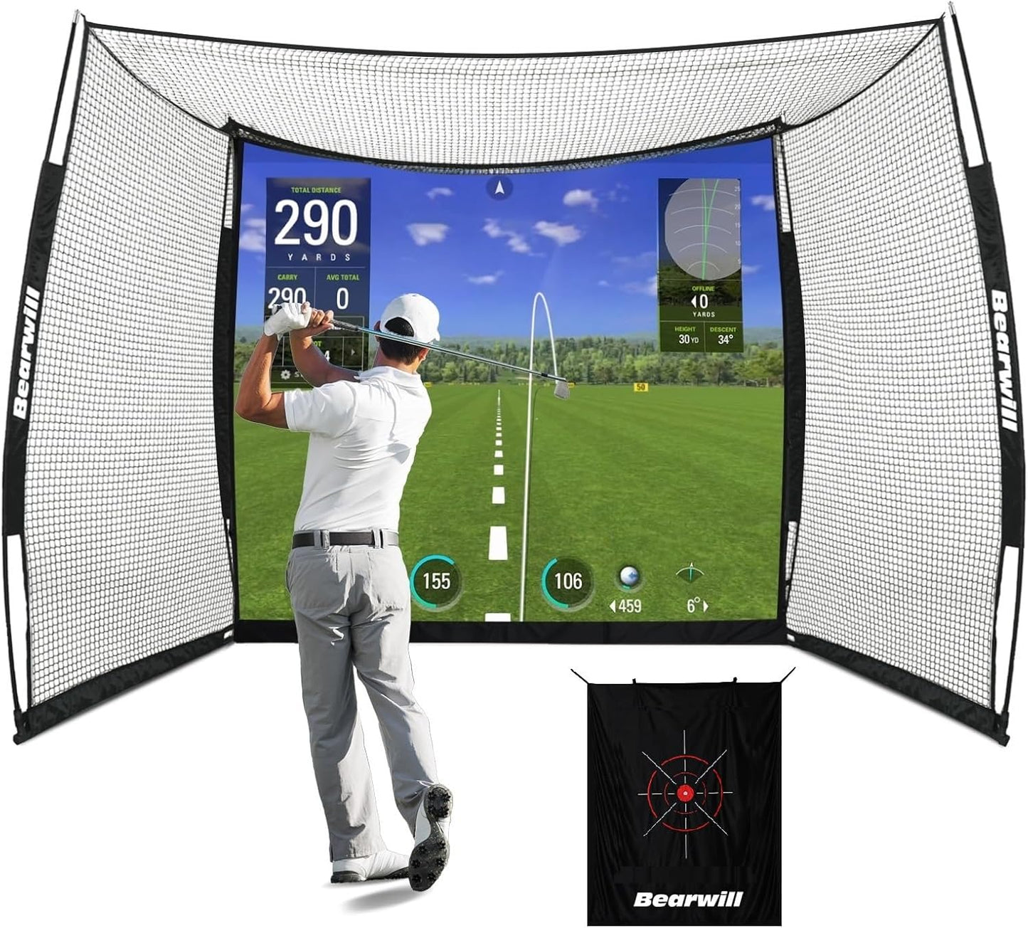 Bearwill Golf Net with Simulator Impact Screen, 11x8ft Golf Practice Net Hitting Net Range Cage, HD Blank Impact Screen and Target Cloth, Simulators Enclosure for Driving Swing, Home Garage Backyard
