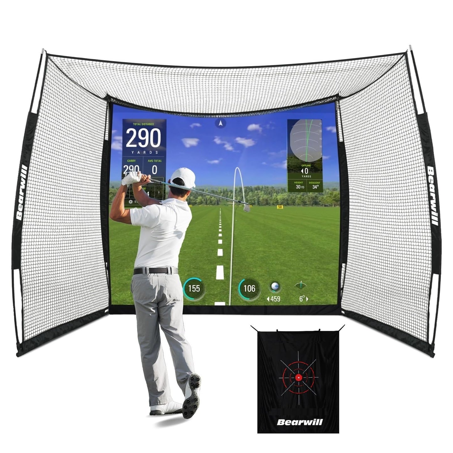 Bearwill Golf Net with Simulator Impact Screen, 11x8ft Golf Practice Net Hitting Net Range Cage, HD Blank Impact Screen and Target Cloth, Simulators Enclosure for Driving Swing, Home Garage Backyard