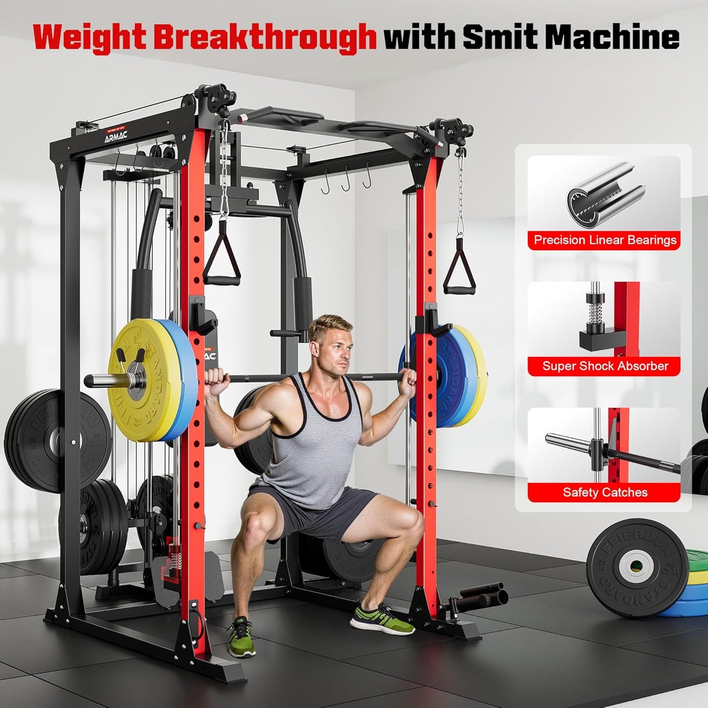 ARMAC Smit Machine, 2000LBS Dual Pulley Functional Power Cage, Squat Rack with Cable Crossover System, Home Gym Trainer, Pull-Up Bar, Spotter Arms, Home Gym Equipment