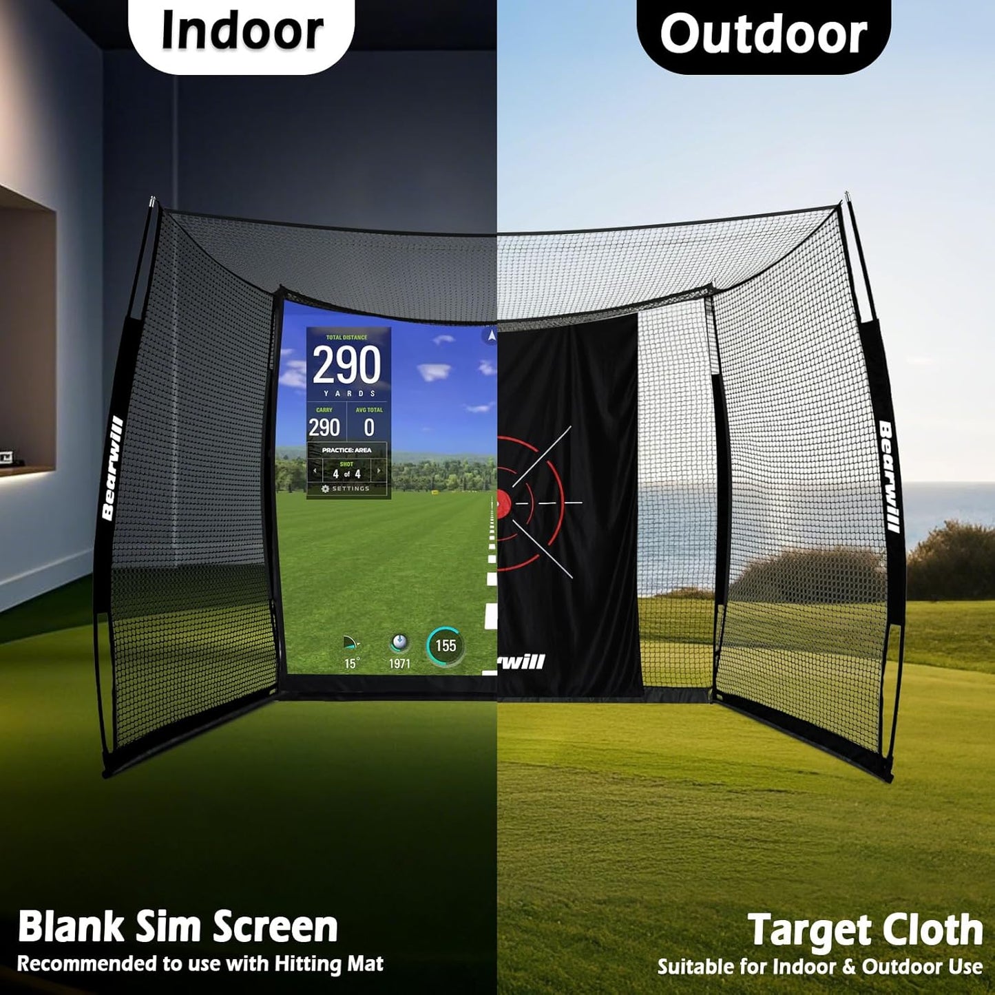 Bearwill Golf Net with Simulator Impact Screen, 11x8ft Golf Practice Net Hitting Net Range Cage, HD Blank Impact Screen and Target Cloth, Simulators Enclosure for Driving Swing, Home Garage Backyard