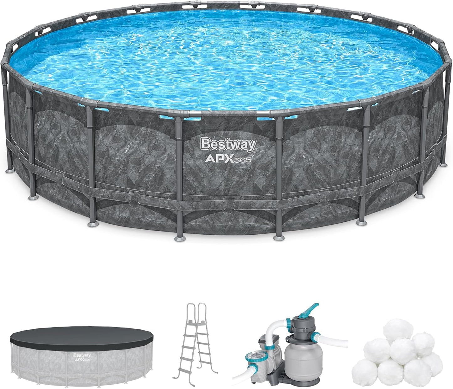 Bestway APX 365 18' x 52" Round Above Ground Swimming Pool Outdoor Backyard Framed Pool Set with Sand Filter Pump, Ladder, and Cover, Dark Marble