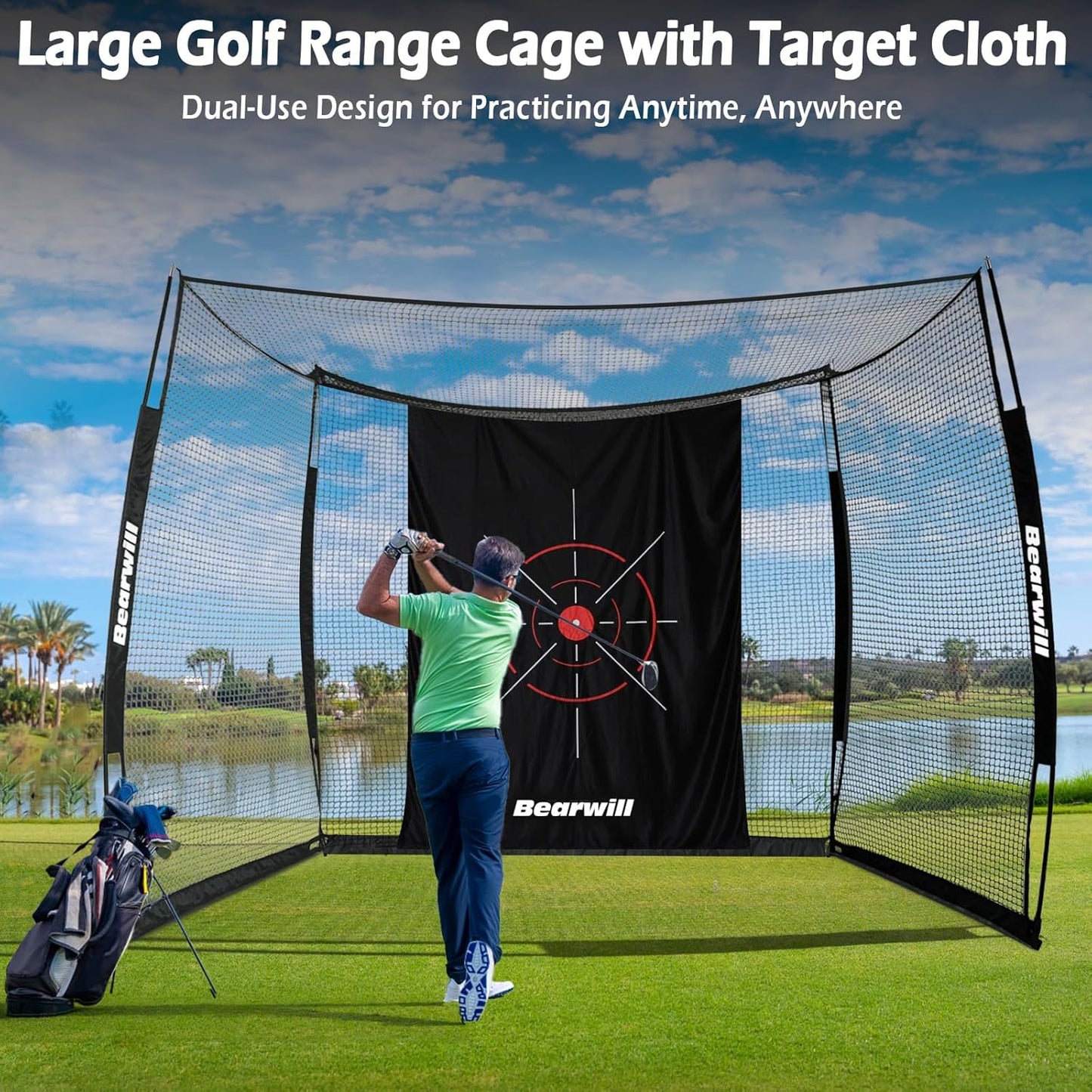 Bearwill Golf Net with Simulator Impact Screen, 11x8ft Golf Practice Net Hitting Net Range Cage, HD Blank Impact Screen and Target Cloth, Simulators Enclosure for Driving Swing, Home Garage Backyard