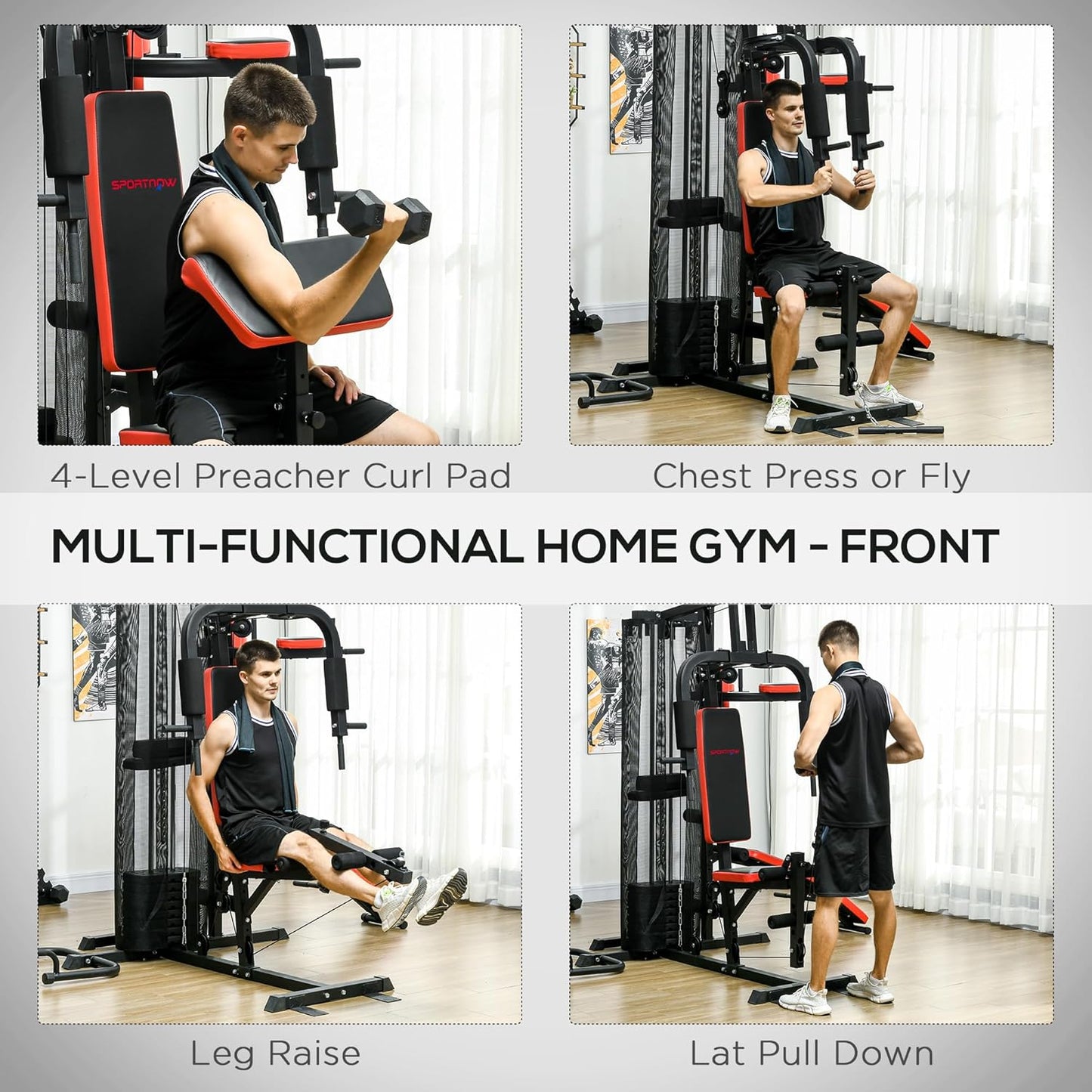 SPORTNOW Multi Gym Workout Station with 65kg Weight Stack, Sit Up Bench, Push Up Stand, Dip Station, Adjustable, Full Body Strength Training for Home Gym