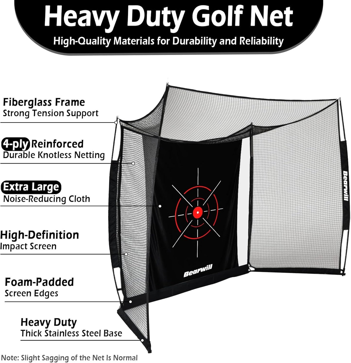 Bearwill Golf Net with Simulator Impact Screen, 11x8ft Golf Practice Net Hitting Net Range Cage, HD Blank Impact Screen and Target Cloth, Simulators Enclosure for Driving Swing, Home Garage Backyard