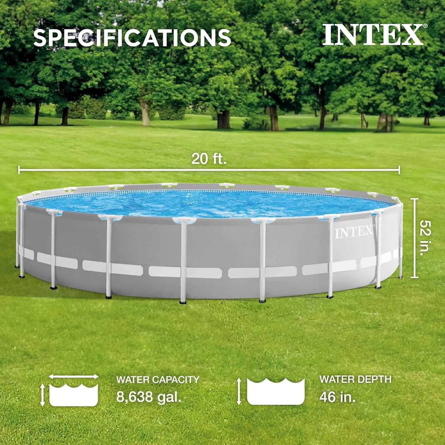 Intex 20ft x 52in Outdoor Prism Frame Above Ground Swimming Pool Set with Cartridge Filter Pump, 2 Lounger Float Chairs and Inflatable Cooler with Lid