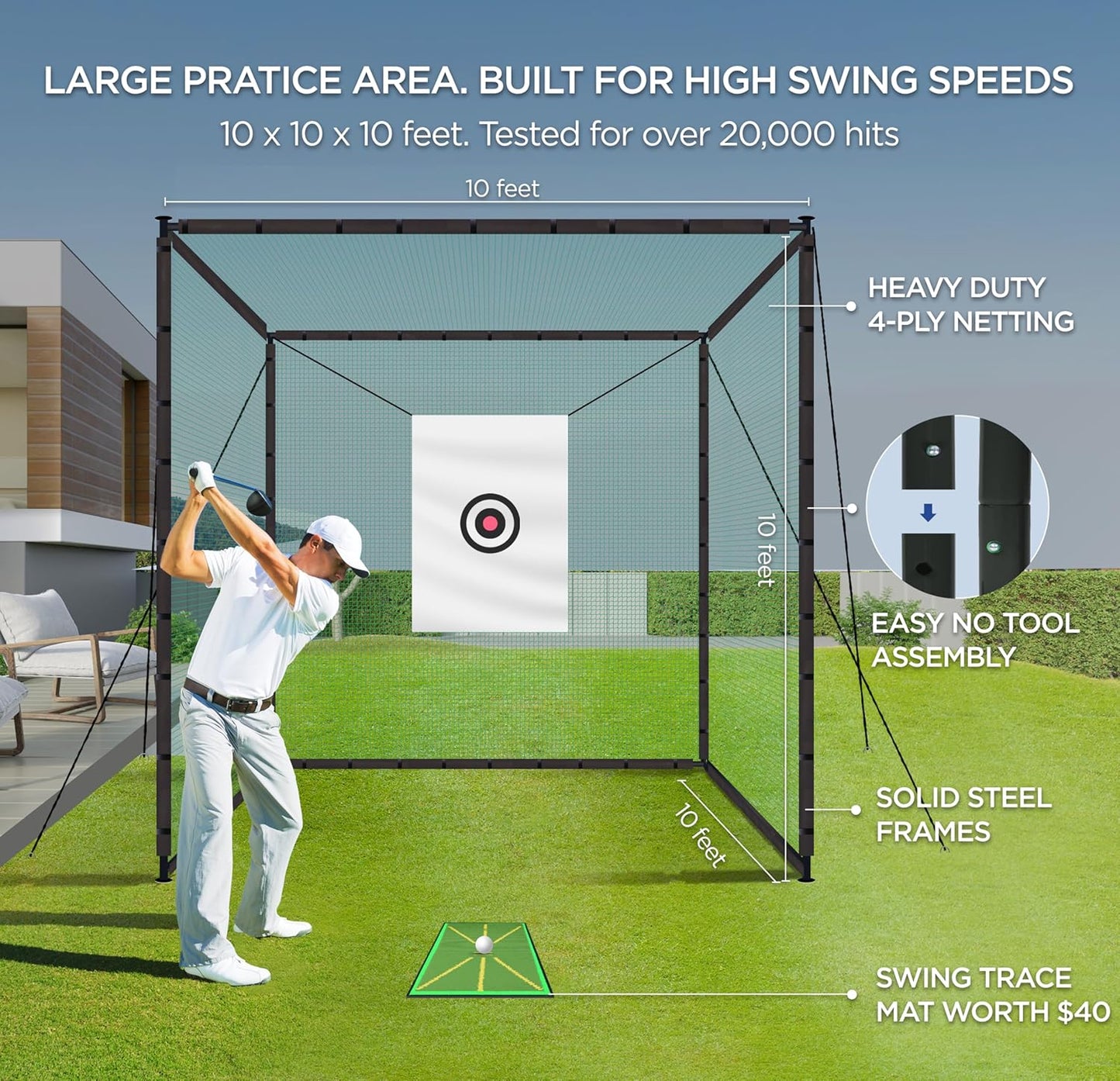 Golf Cage Net Golf Cages with Frame and Net 10x10x10 Golf Net for Driving and Hitting Practice Includes Stability Rope Target Cloth and Swing Mat Color Green
