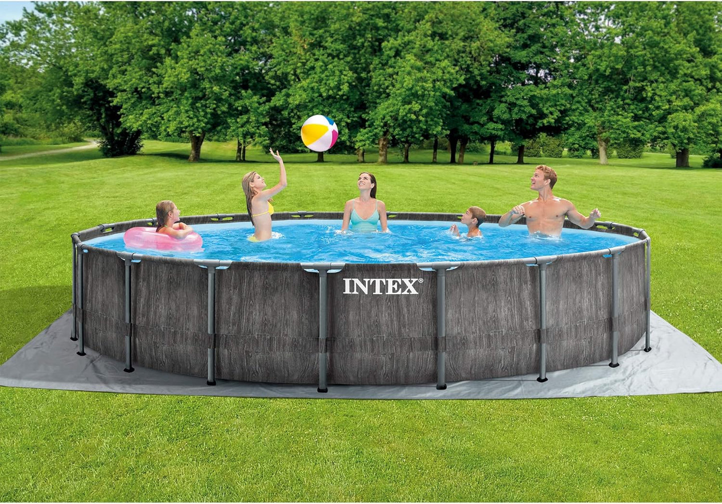 Intex Prism Frame Round Above Ground Outdoor Swimming Pool Set with Filter Pump, Ladder, Ground Cloth, and Pool Cover, Greywood
