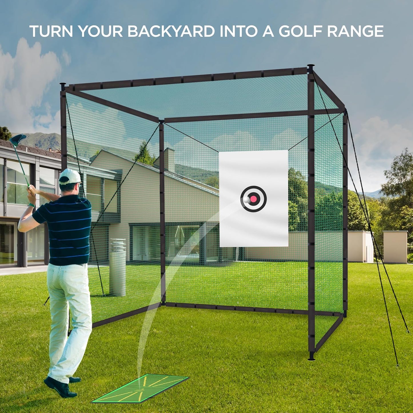 Golf Cage Net Golf Cages with Frame and Net 10x10x10 Golf Net for Driving and Hitting Practice Includes Stability Rope Target Cloth and Swing Mat Color Green