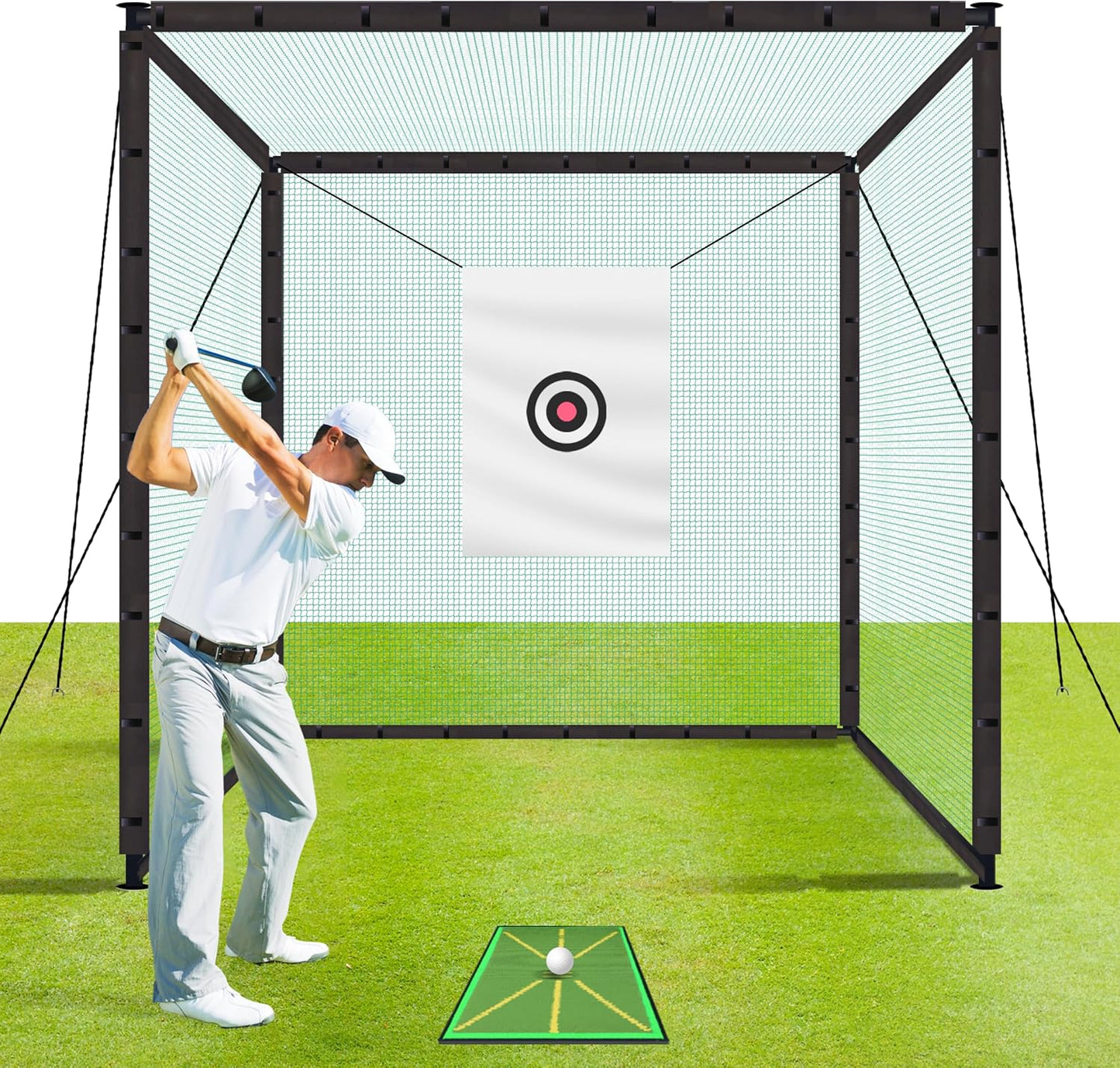 Golf Cage Net Golf Cages with Frame and Net 10x10x10 Golf Net for Driving and Hitting Practice Includes Stability Rope Target Cloth and Swing Mat Color Green