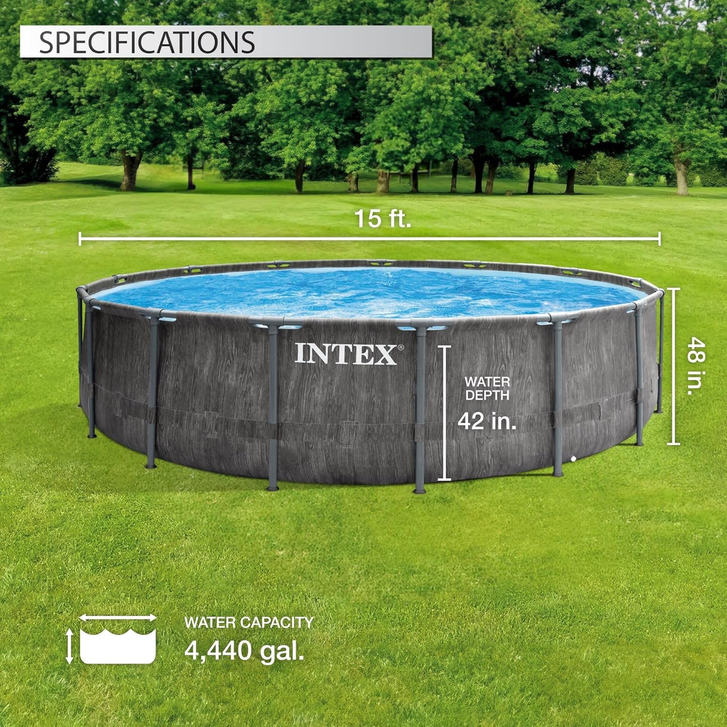Intex Greywood Prism Frame 15' x 48" Round Above Ground Outdoor Swimming Pool Set with 1000 GPH Filter Pump, Ladder, Ground Cloth, and Pool Cover