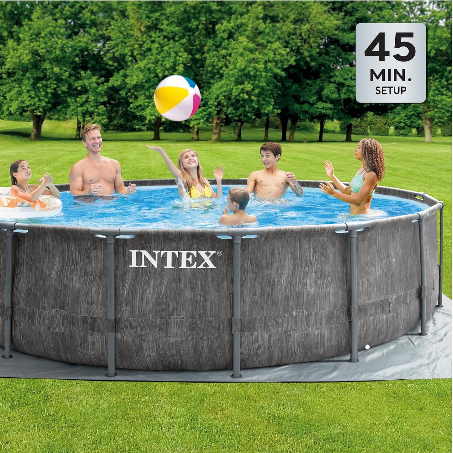 Intex Greywood Prism Frame 15' x 48" Round Above Ground Outdoor Swimming Pool Set with 1000 GPH Filter Pump, Ladder, Ground Cloth, and Pool Cover