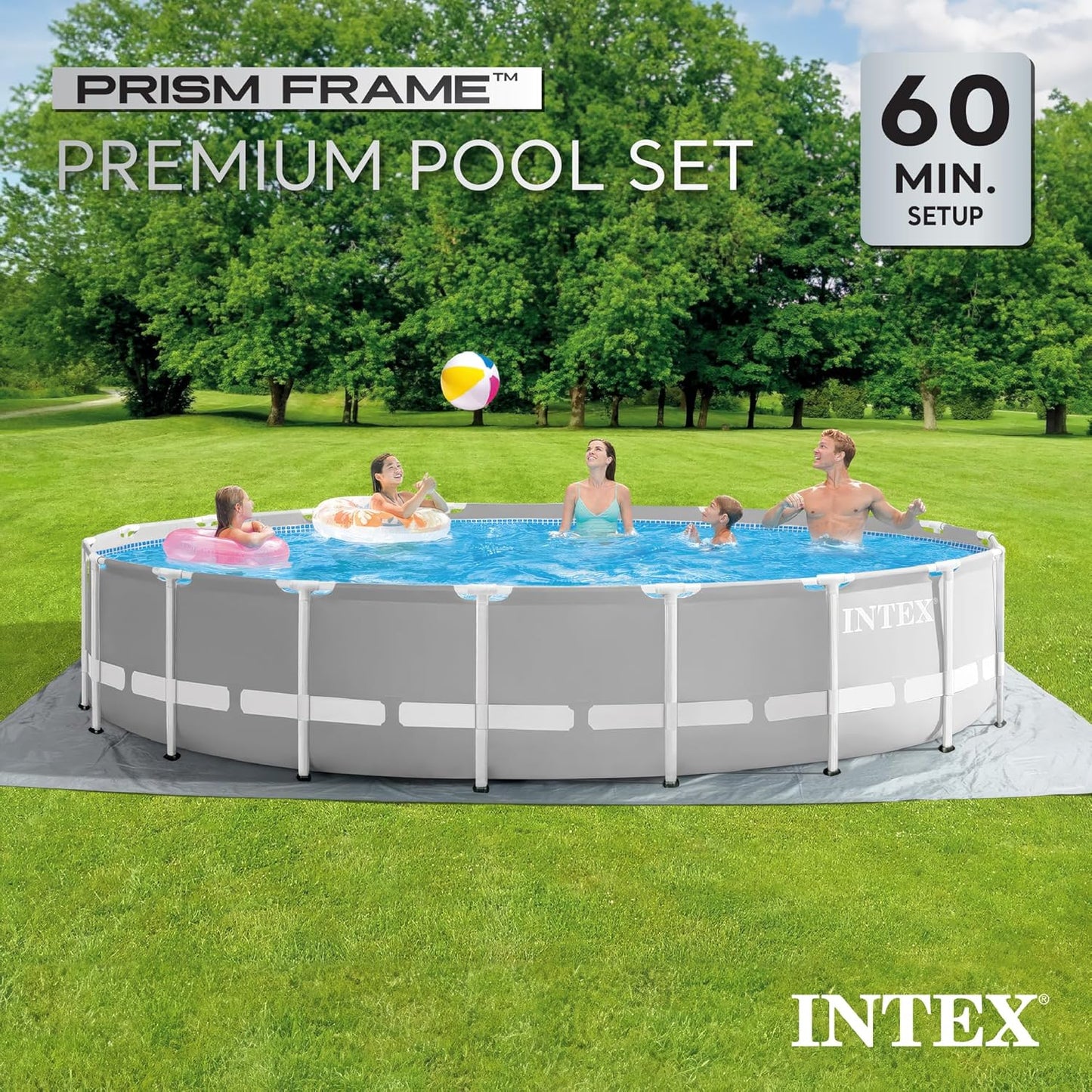 Intex 20ft x 52in Outdoor Prism Frame Above Ground Swimming Pool Set with Cartridge Filter Pump, 2 Lounger Float Chairs and Inflatable Cooler with Lid